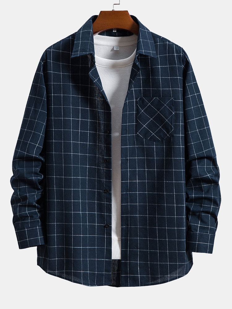 Pure Cotton Brushed Long-sleeved Business Loose Plaid Shirt