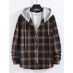 Contrast Color Hooded Long Sleeve Shirt Men's Printed Navy Checkered Shirt