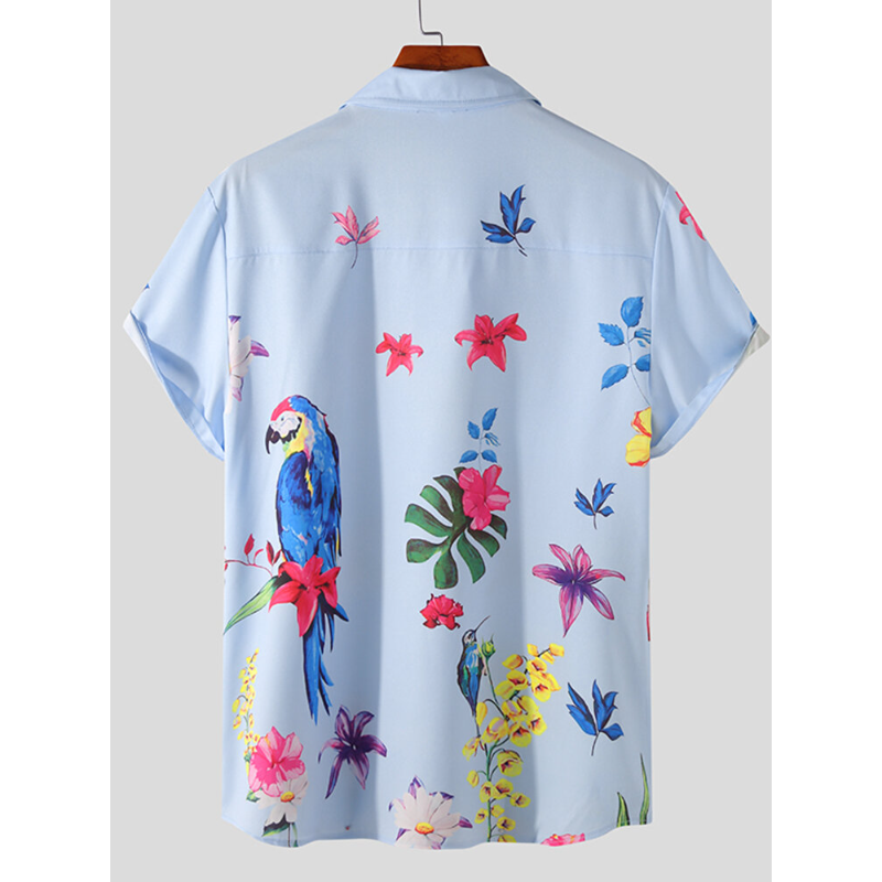 Men Birds & Flower Buttons Short Sleeve Lapel Casual Shirts