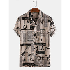 Mens Designer Newspaper Print Revere Collar Short Sleeve Shirts