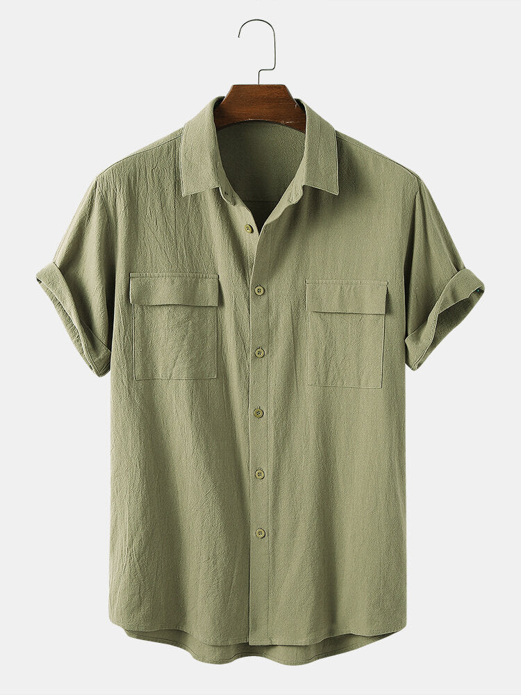 Men's Cotton Solid Color Double Pocket Casual Shirt