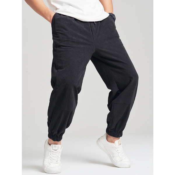 Mens Corduroy Pure Color Loose Drawstring Pants With Pocket