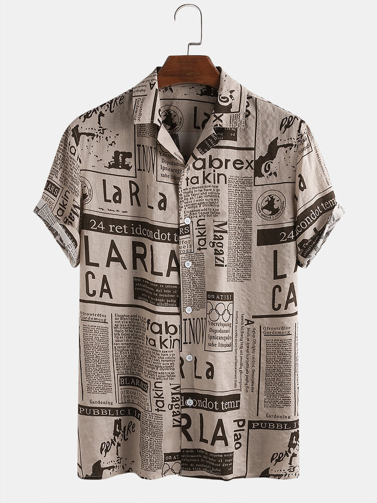 Mens Designer Newspaper Print Revere Collar Short Sleeve Shirts