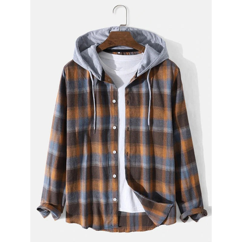 Casual Contrasting Color Hooded Regular Plaid Shirt Outdoor Shirt