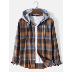 Casual Contrasting Color Hooded Regular Plaid Shirt Outdoor Shirt