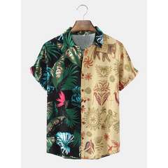 Mens Tropical Plant Patchwork Short Sleeve Casual Shirts