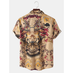 Mens National Style Floral Print Vintage Lapel Short Sleeve Shirt