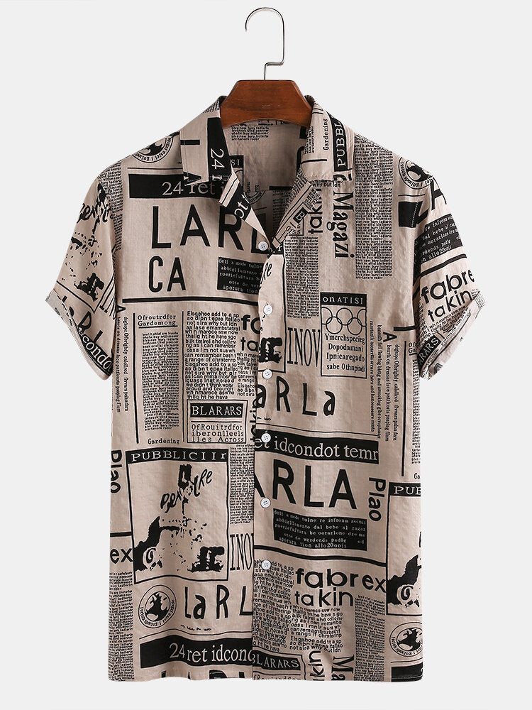 Mens Designer Newspaper Print Revere Collar Short Sleeve Shirts