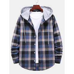 Men's Loose Long-sleeved Multi-color Plaid Drawstring Hooded Casual Shirt