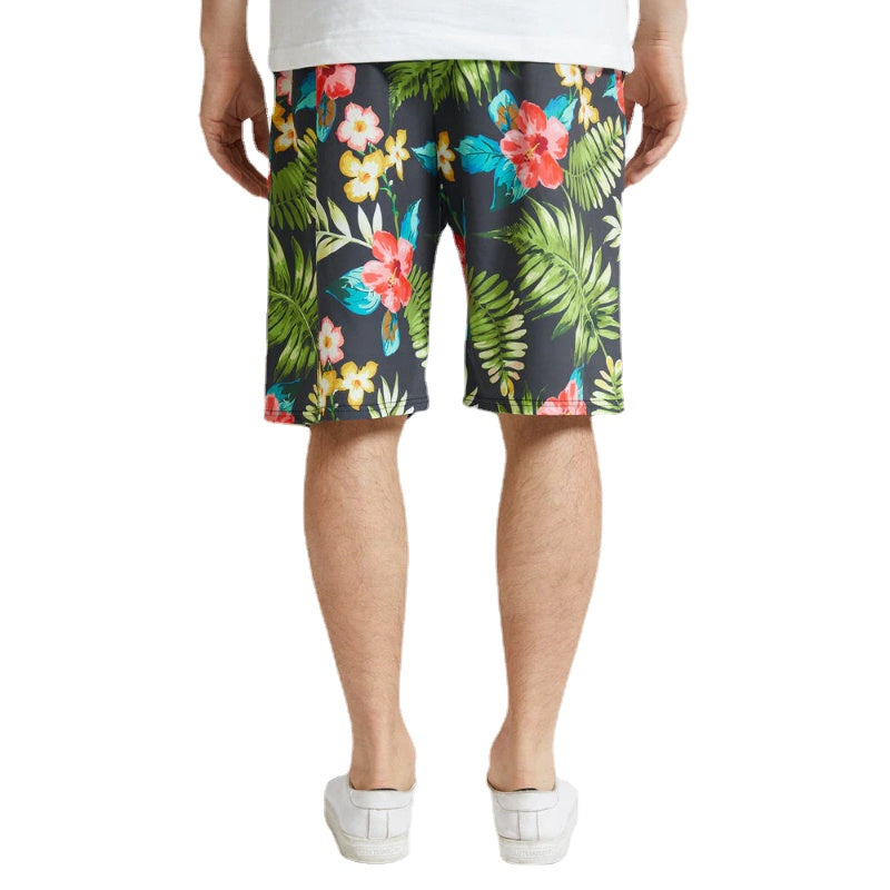 Mens All Over Flower Leaf Print Holiday Drawstring Hawaii Style Shorts