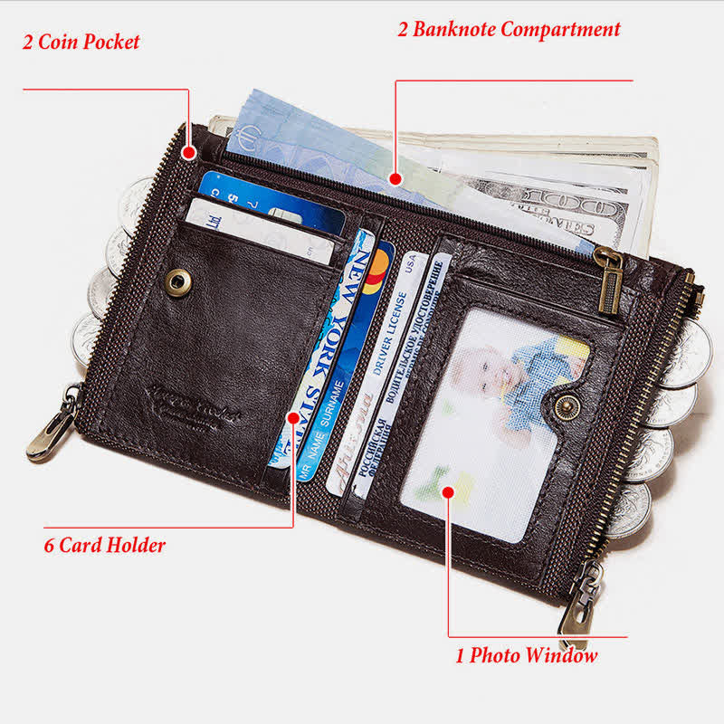 RFID Blocking Anti-theft Chain Bifold Wallet Men's Vintage Double Zipper Leather Wallet