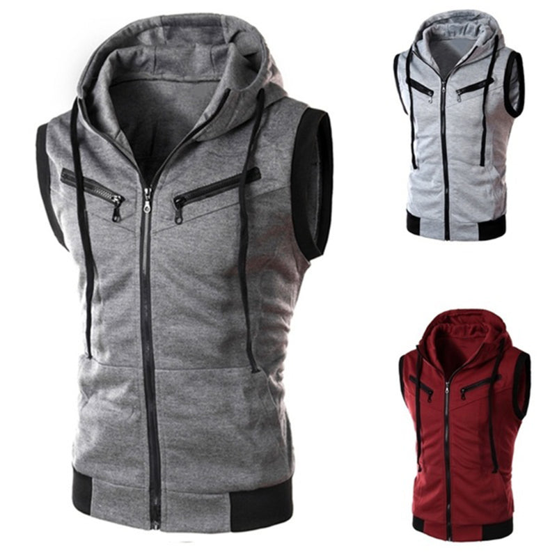 Men Solid Color Hooded Gilet Vest Zip Pocket Sleeveless Slim Waistcoat Jacket