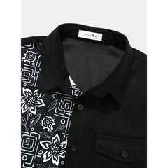 Mens Floral Ornament Flat Pocket Lapel Long Sleeve Shirts