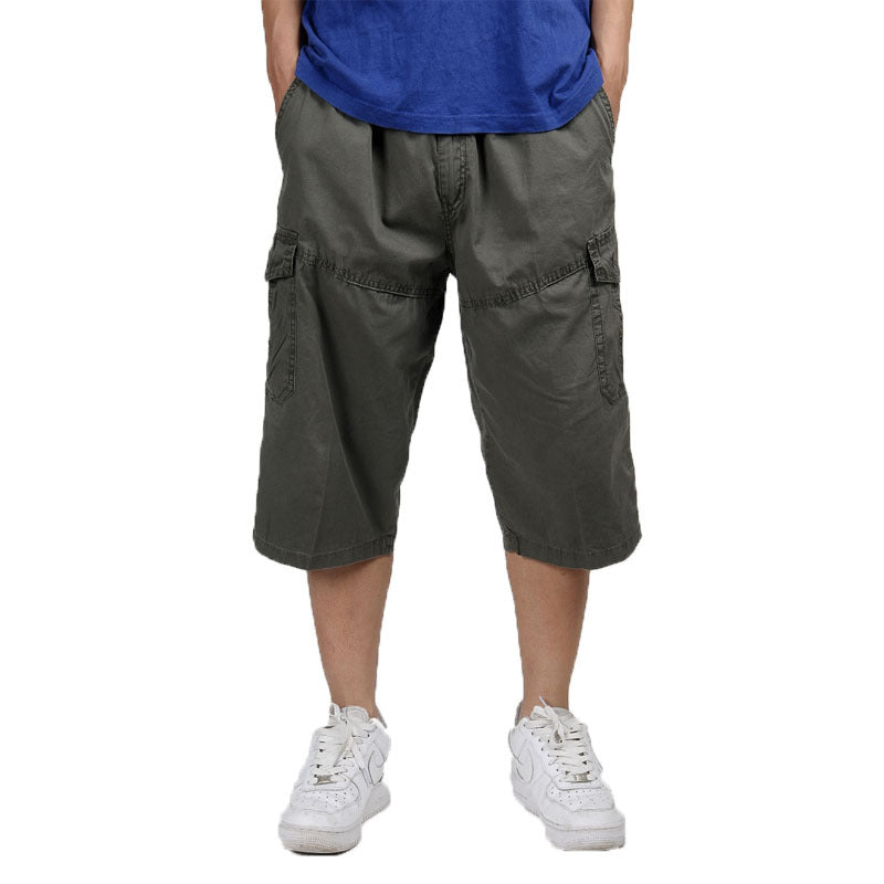 Men's Multi-pocket Plus Size US 31-55 Loose Casual Pants Solid Color Durable Breathable Wide-tube Capri Shorts