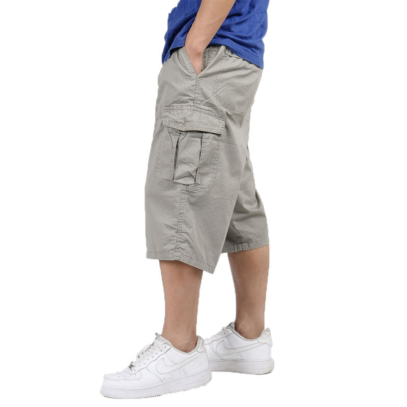 Men's Multi-pocket Plus Size US 31-55 Loose Casual Pants Solid Color Durable Breathable Wide-tube Capri Shorts