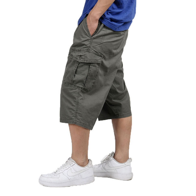 Men's Multi-pocket Plus Size US 31-55 Loose Casual Pants Solid Color Durable Breathable Wide-tube Capri Shorts