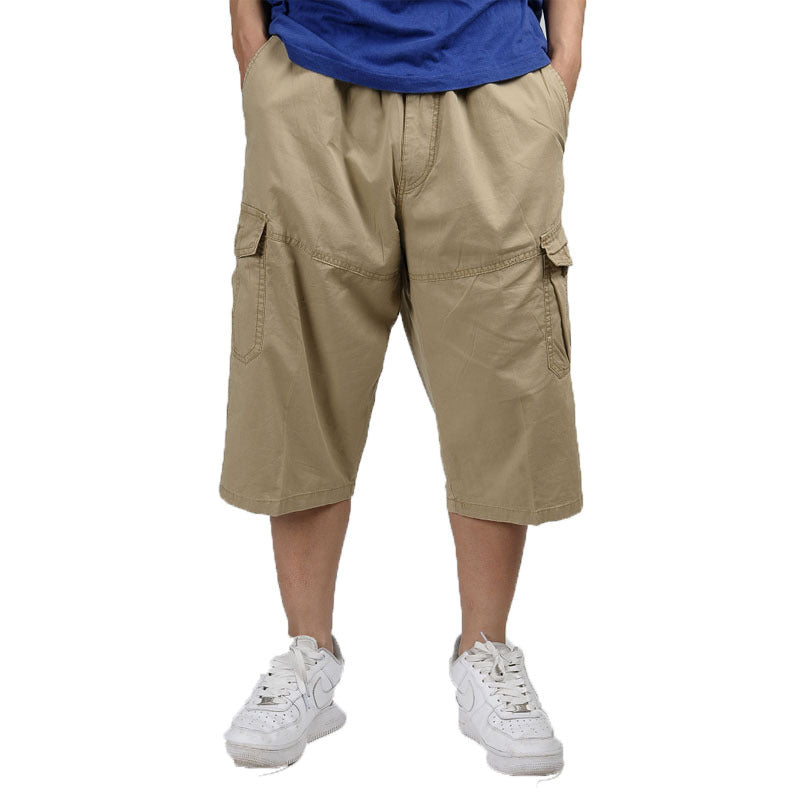 Men's Multi-pocket Plus Size US 31-55 Loose Casual Pants Solid Color Durable Breathable Wide-tube Capri Shorts