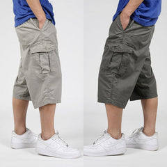 Men's Multi-pocket Plus Size US 31-55 Loose Casual Pants Solid Color Durable Breathable Wide-tube Capri Shorts