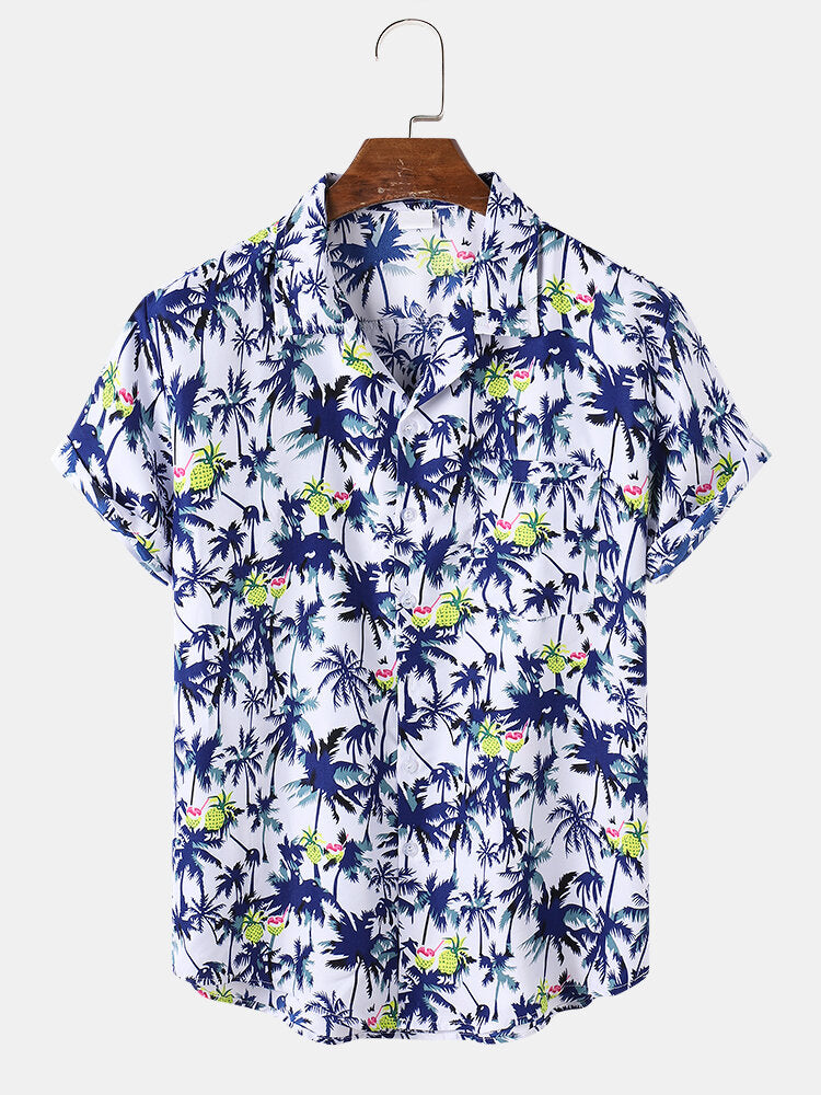 Men's Cotton Coconut Revere Collar Tree Print Short Sleeve Shirt