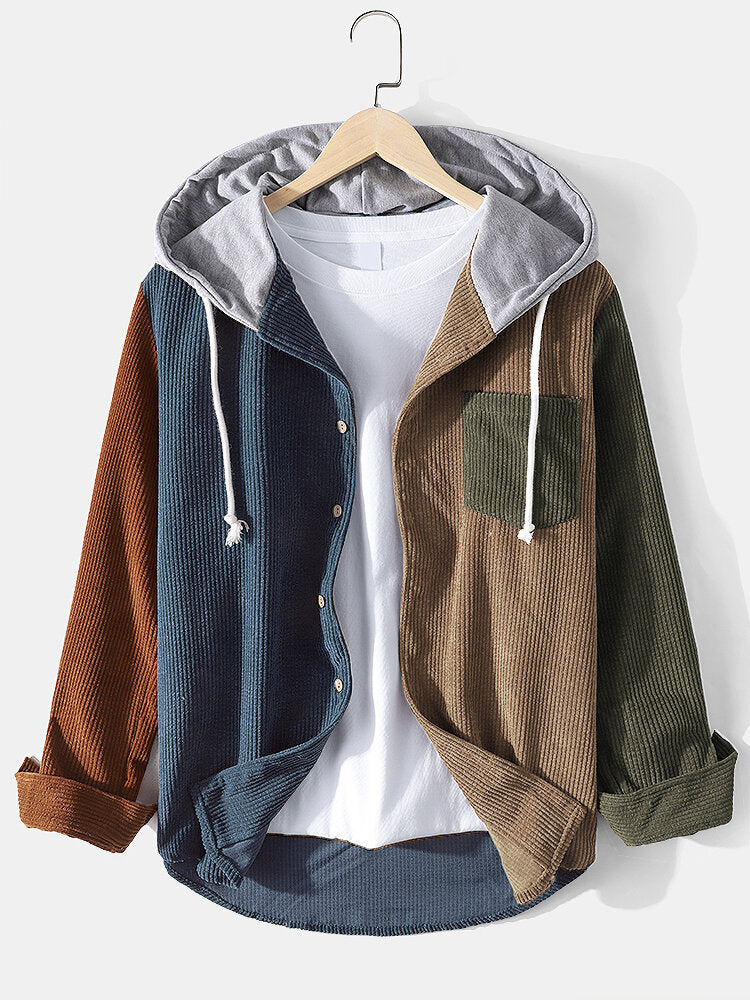 Mens Patchwork Corduroy Long Sleeve Hooded Shirts