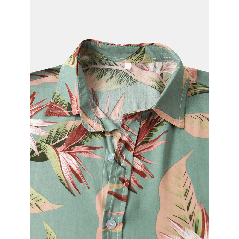 Men Cotton Floral Print Turn Down Collar Hawaii Holiady Short Sleeve Shirts