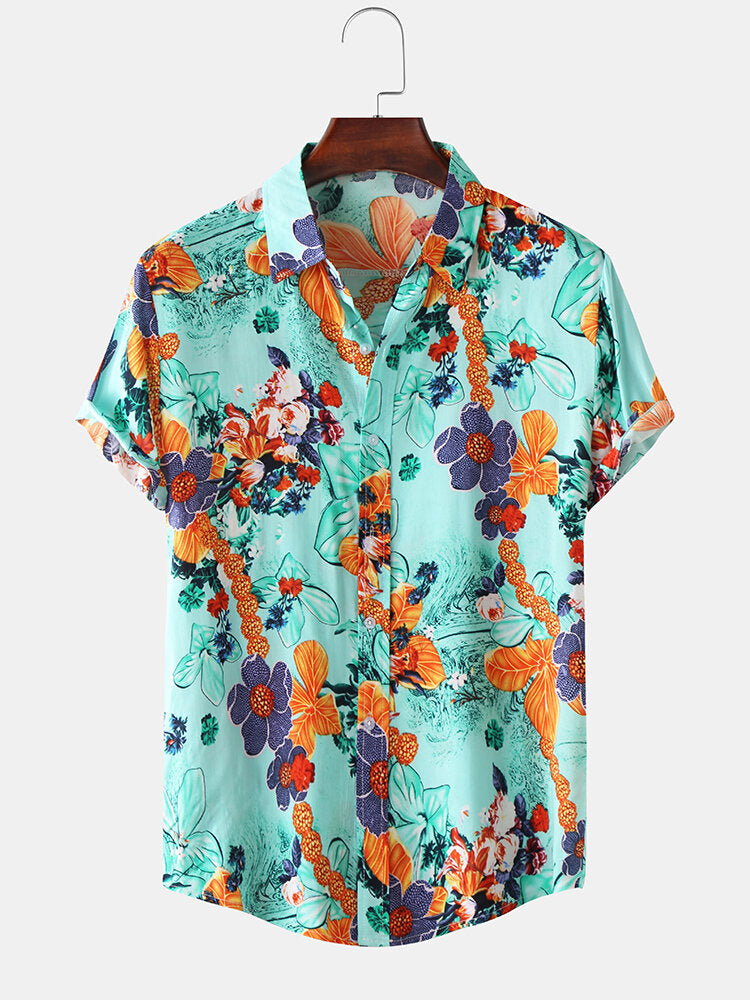 Mens Floral Oil Printing Short Sleeve Shirts