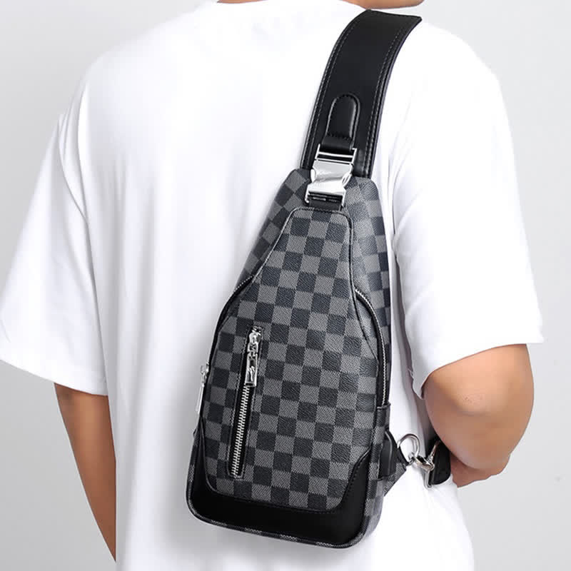 Men's Travel Double Layer PU Leather Light Shoulder Bag Plaid Messenger Backpack