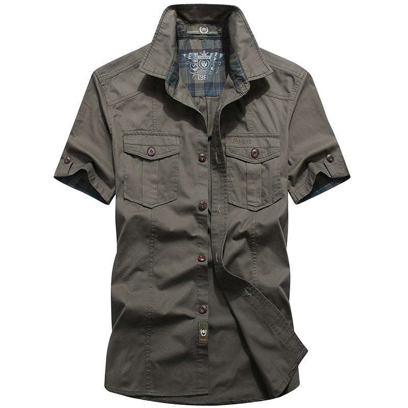 Short-sleeved shirt mens summer washed loose Tactical casual shirt