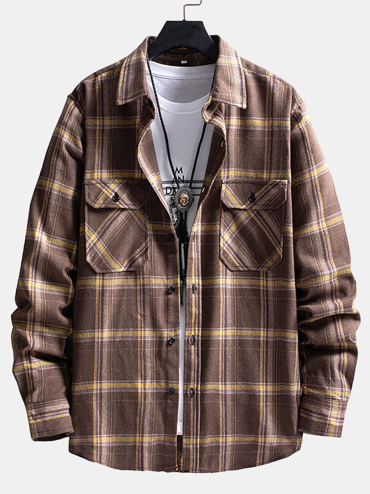 Men's Colorful Plaid Shirt Casual Brushed Long-sleeved Shirt Coat