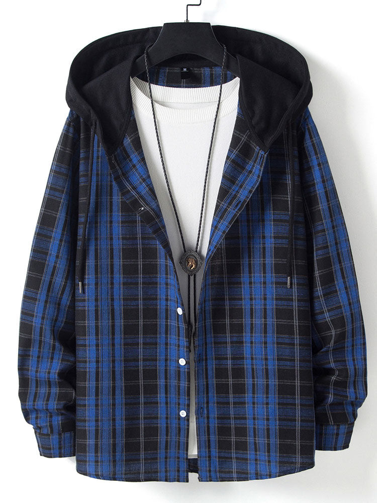 Men's Loose Long Sleeve Top Button Up Shirt Contrast Color Hooded Plaid Shirt