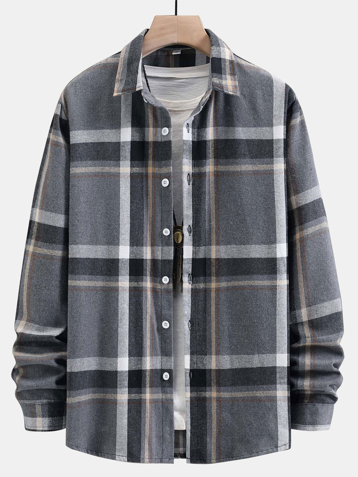 Square Collar Long Sleeve Casual Plaid Button Down Men's Shirt