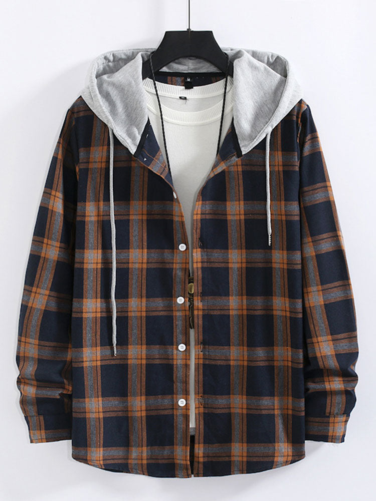 Contrast Color Hooded Long Sleeve Shirt Men's Printed Navy Checkered Shirt