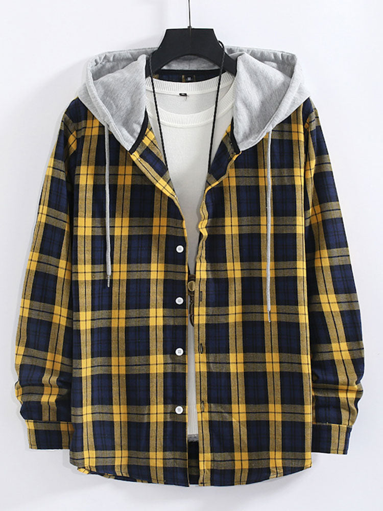 Yellow Plaid Contrast Shirt Casual Buttoned Hooded Long-sleeved Shirt