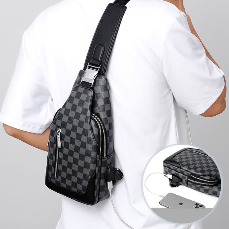 Men's Travel Double Layer PU Leather Light Shoulder Bag Plaid Messenger Backpack