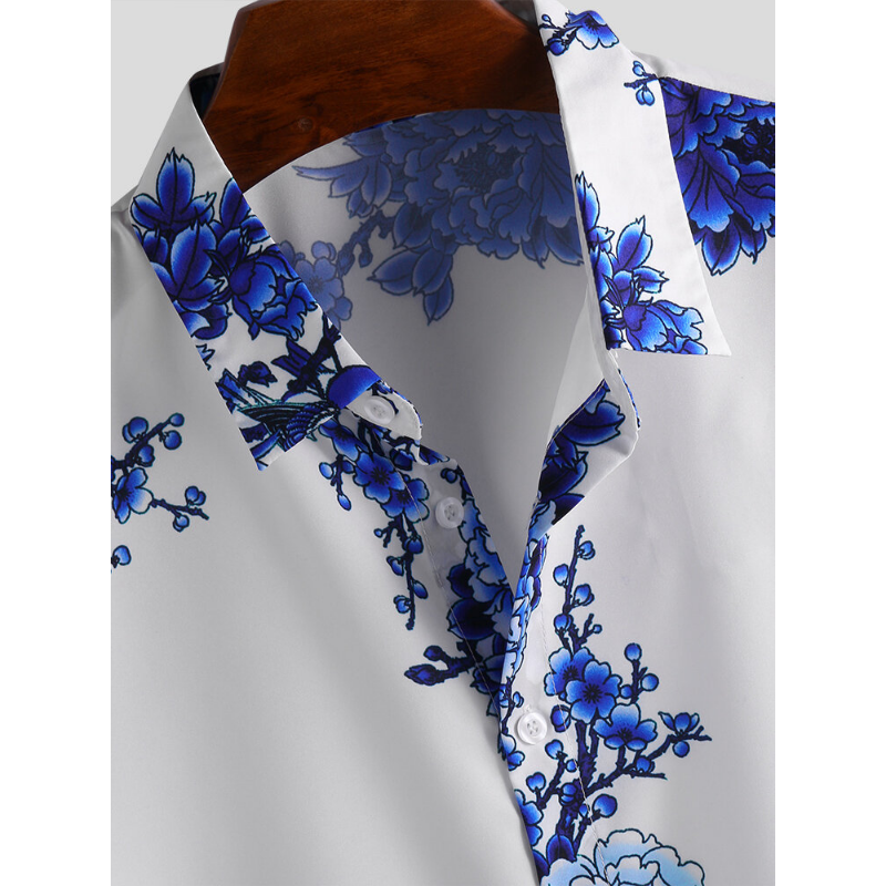 Mens Eastern Culture Porcelain Floral Printed Short Sleeve Casual Shirts