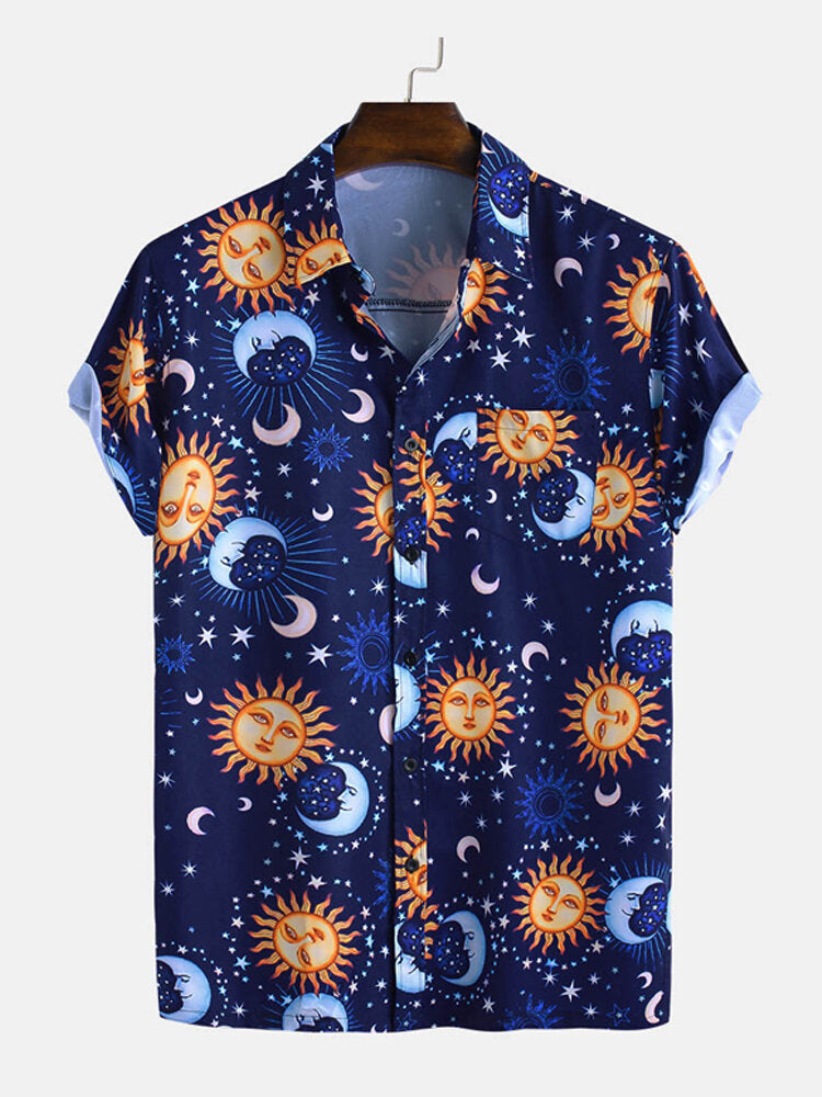 Men Sun Moon Print Short Sleeve Relaxed Shirts