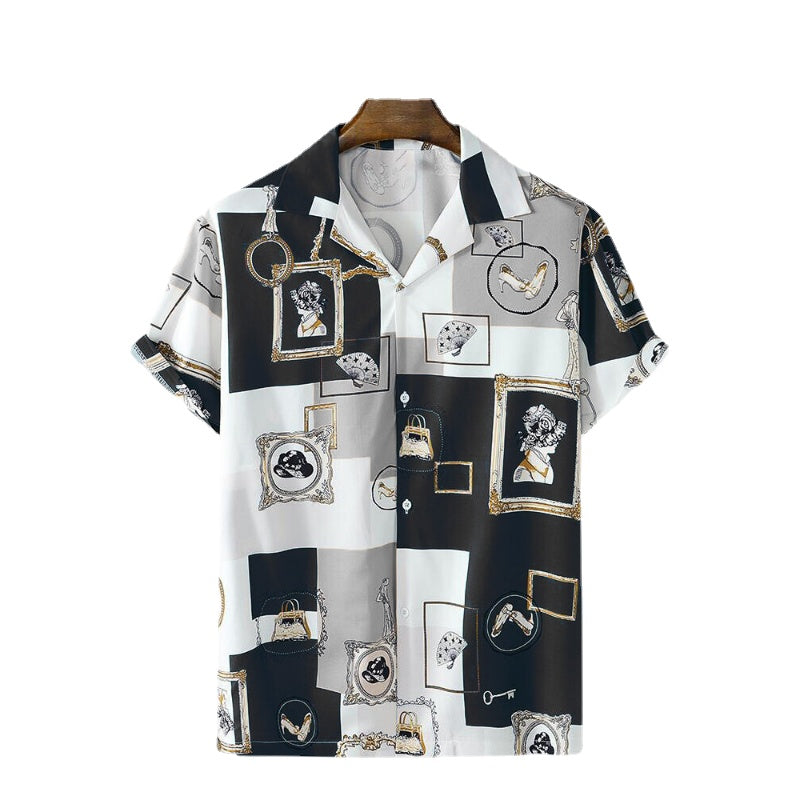 Hawaiian Flower Shirt Men's Retro Hong Kong Style Casual Print Revere Collar Shirt