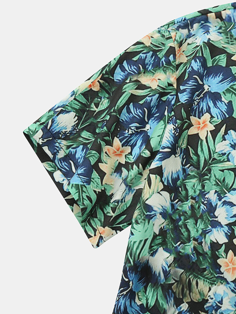 Men Allover Floral Print Hawaiian Plants Paradise Short Sleeve Shirts