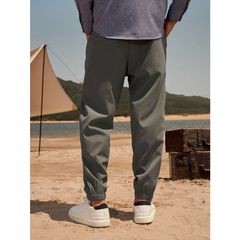 Mens Solid Color Magic Straps Elastic Waist Ankle Length Pants