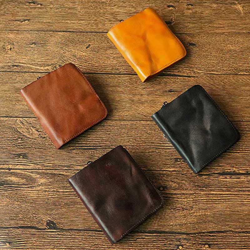 Men's Vintage Crinkled Leather Wallet Bifold Short Zipper Coin Card Holder