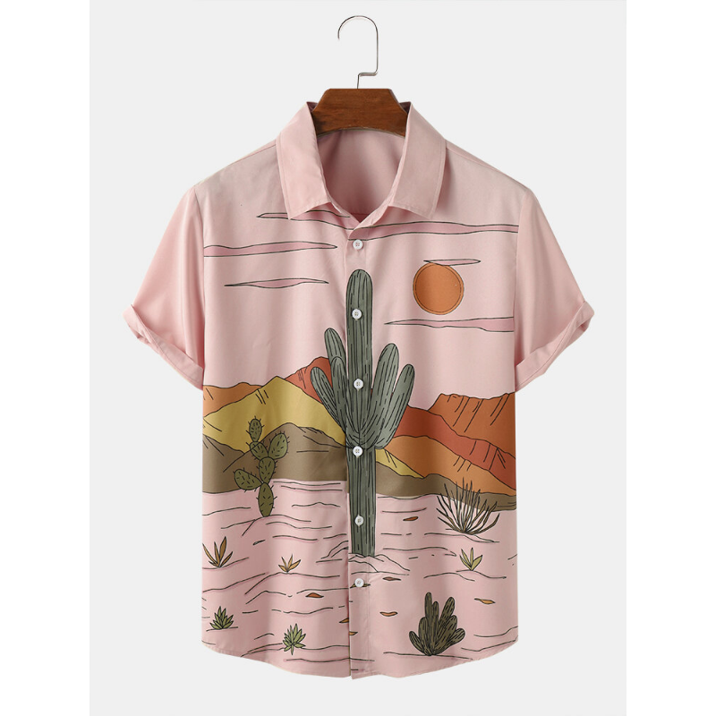 Men Cactus Desert Landscape Print Tropical Plant Short Sleeve Shirts