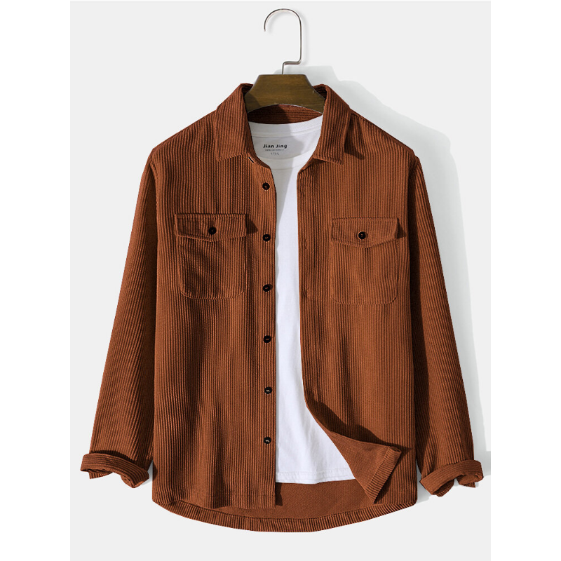 Men's Solid Color Front Double Pocket Corduroy Artistic Long Sleeve Shirt