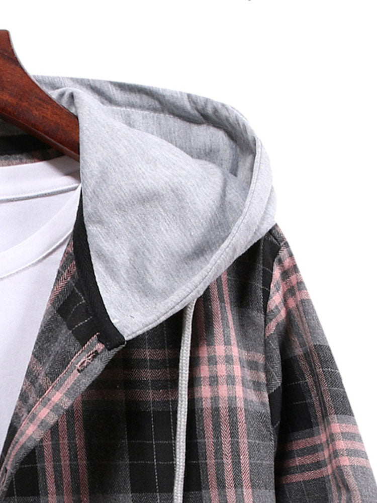 Men's Multi-color Patchwork Plaid Shirt Loose Drawstring Hooded Long-sleeved Shirt