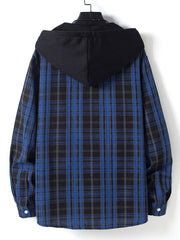 Men's Loose Long Sleeve Top Button Up Shirt Contrast Color Hooded Plaid Shirt