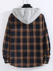 Contrast Color Hooded Long Sleeve Shirt Men's Printed Navy Checkered Shirt