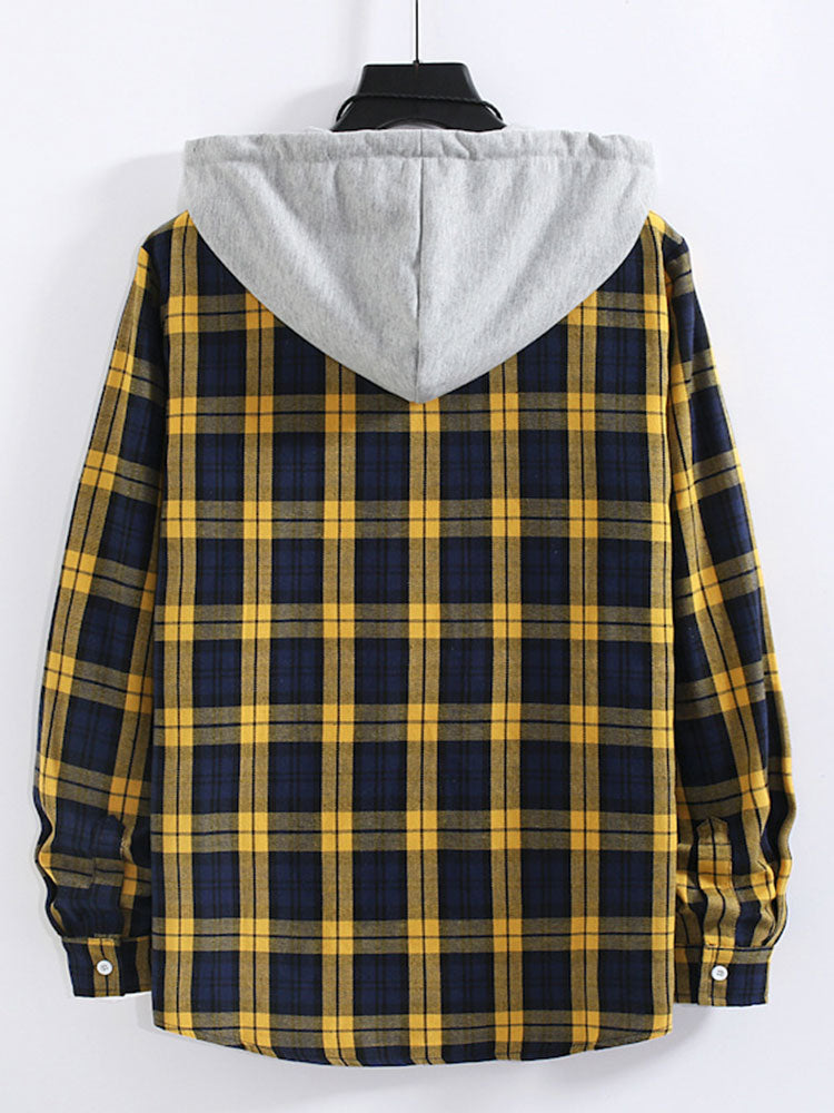 Yellow Plaid Contrast Shirt Casual Buttoned Hooded Long-sleeved Shirt