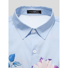 Men Birds & Flower Buttons Short Sleeve Lapel Casual Shirts