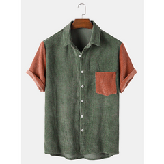 Mens Corduroy Patchwork Turn Down Collar Short Sleeve Shirts