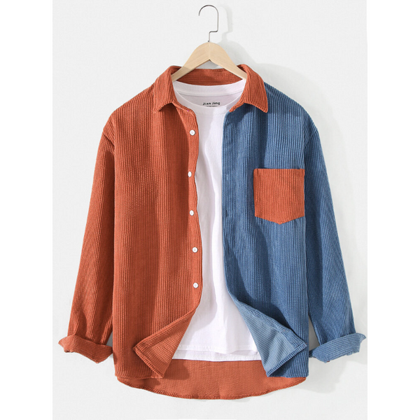 Men's Patchwork Corduroy Vintage Long Sleeve Shirt with Pockets