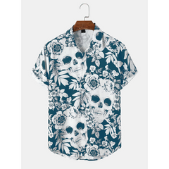 Mens Head Halloween Floral Short Sleeve Shirt